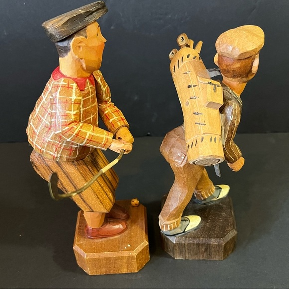 ANRI Wooden Carvings Golf Golfer Figurines Men Swinging Carry Clubs Lot 2x READ - Picture 6 of 11